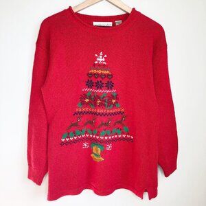 Vintage Hand Embroidered Christmas Tree Sweater Needle Point Holiday Cable Knit